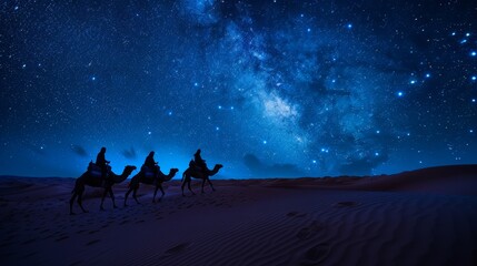 A camel caravan slowly traversing the undulating dunes - obrazy, fototapety, plakaty