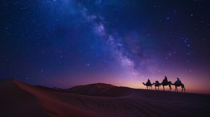 A camel caravan slowly traversing the undulating dunes