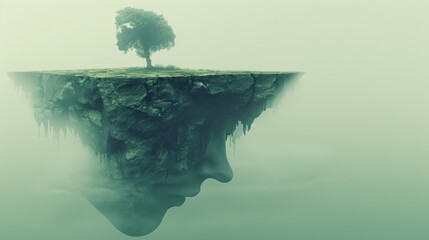  a lone tree sitting on top of a small island in the middle of the ocean in the middle of a foggy day.