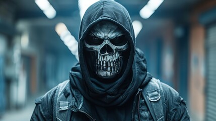  a man in a black hoodie with a skull on his face and a black hoodie over his face. - obrazy, fototapety, plakaty