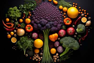 Green, orange, and purple vegetables and fruits in circular composition on black background