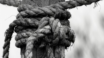  a black and white photo of a rope tied to a pole with a knot on the end of the pole.