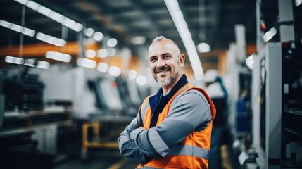 With determination, a woman in work clothes operates a large factory machine, exemplifying expertise and diligence in the industrial setting.