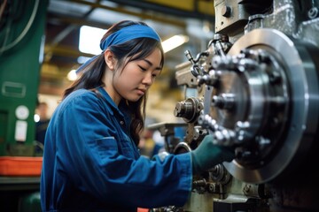 A woman in work clothes exhibits expertise and commitment as she operates a large factory machine, reflecting dedication to industrial work.