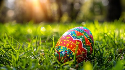 a colorful painted easter egg sitting in the middle of a field of grass with the sun shining through the trees in the background.