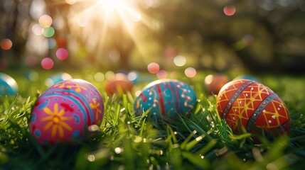  a group of brightly colored easter eggs sitting on top of a green grass covered field with trees in the background.