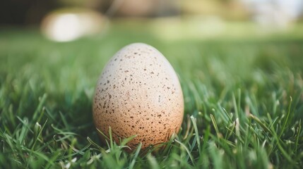  a brown egg sitting on top of a lush green grass covered grass covered in lots of brown speckles.