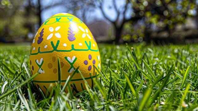  a painted easter egg sitting in the middle of a field of grass with trees in the back ground and a blue sky in the background.