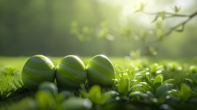  a group of three green eggs sitting on top of a green grass covered field next to a leafy tree.