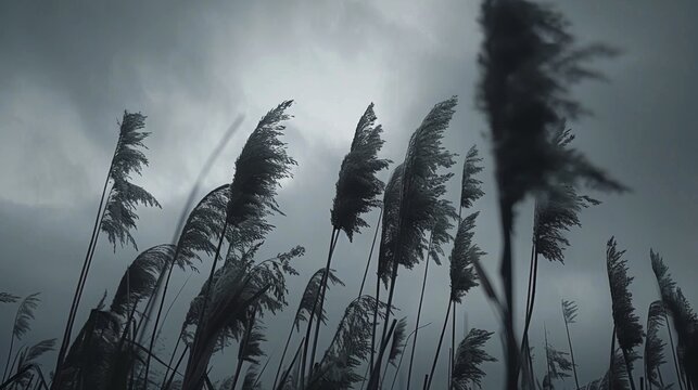  a black and white photo of a bunch of sea oats blowing in the wind on a gloomy day.