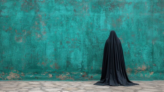  a woman in a black dress standing in front of a green wall with a black shawl draped over her head.