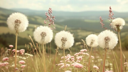  a bunch of dandelions in a field with a mountain in the backgrouf of the picture.