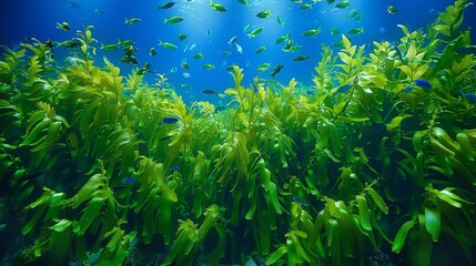 Fototapeta na wymiar a large group of fish swimming in a large aquarium filled with green plants and plants growing out of the water.