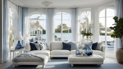 Interior architectural hi - res editorial award photo living room with a small glass wall, victorian coastal Villa inspired by the old town, in Hamptons, , white and blue toned, warm lighting, detaile - obrazy, fototapety, plakaty