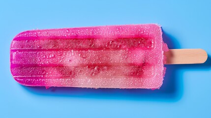 a popsicle with pink icing and water droplets on top of it on a blue background with a wooden stick in the middle of the popsicle.