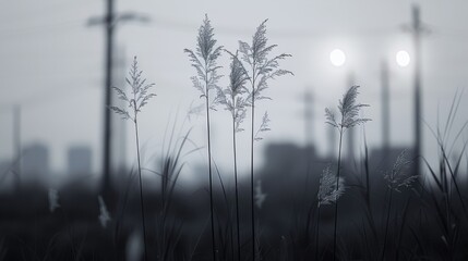  a black and white photo of tall grass in front of a cityscape with the sun in the distance.