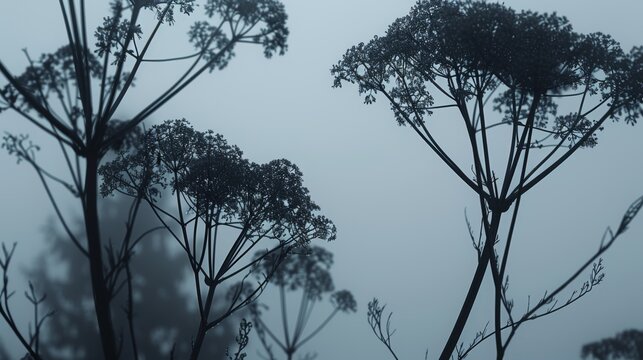  a black and white photo of a bunch of trees in a foggy area with the sky in the background.
