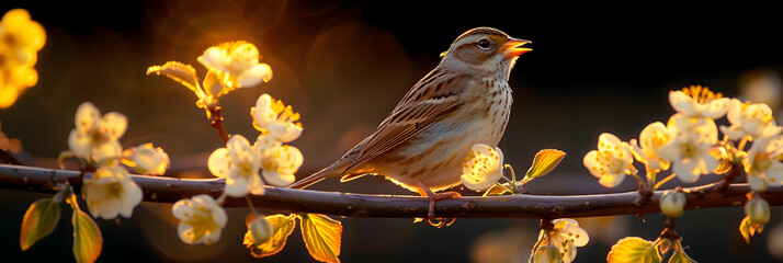 Image of a Corn Bunting Singing on a Sunlit Hawthorn Branch,
Shot of the beautiful eurasian golden oriole standing on a wood
 - obrazy, fototapety, plakaty