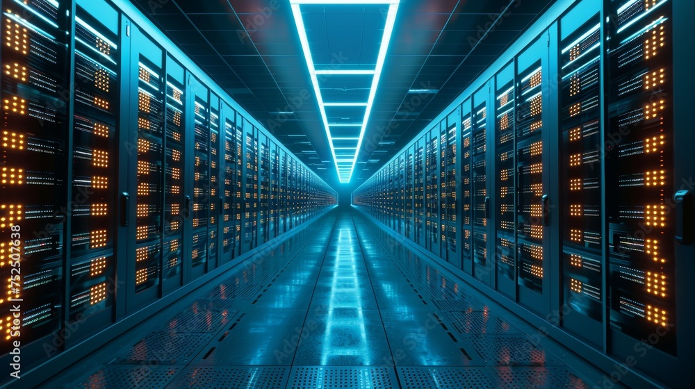 Poster a cutting-edge data center humming with the power of cloud computing