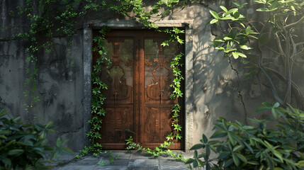 Fototapeta na wymiar old wooden door with green grass