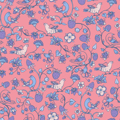 Hand-drawn Chinoiserie Bird and Flowers Seamless Pattern - 752507819