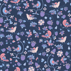 Hand-drawn Chinoiserie Bird and Flowers Seamless Pattern - 752507877