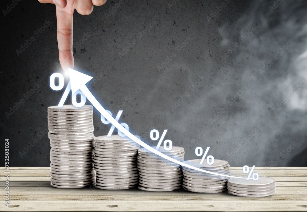 Poster Interest rate concept. Businessman and percentage symbol