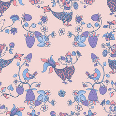 Folk Bird Sirin Seamless Pattern,  Medieval Creatures Texture - 752508050
