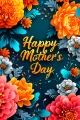 text Happy Mother's Day and flowers in the background. Mother's Day concept, greeting card