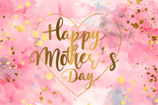 text Happy Mother's Day with golden letters and a heart on a pink background. Mother's day concept