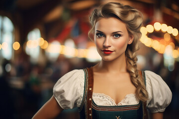 Oktoberfest. a young female person in a dirndl outfit. Bavarian beer festival.