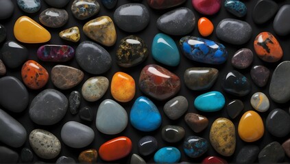 A striking contrast of light and dark, as a multitude of colorful stones are arranged on a black background, each one reflecting the light in its own unique way, creating a mesmerizing and dynamic ima