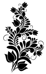 Floral black decorative ornament on a white background. Pattern of flowers, leaves, curls. Silhouette of a decorative bouquet. Floral design element.