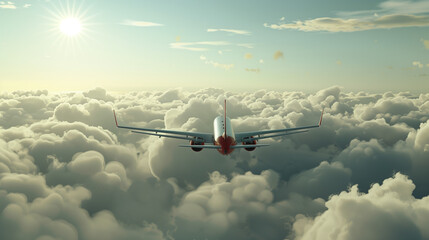 Fototapeta na wymiar Aircraft soaring amidst billowing clouds. View directly in back, exactly