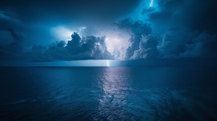 A dramatic drone view of a thunderstorm over the ocean