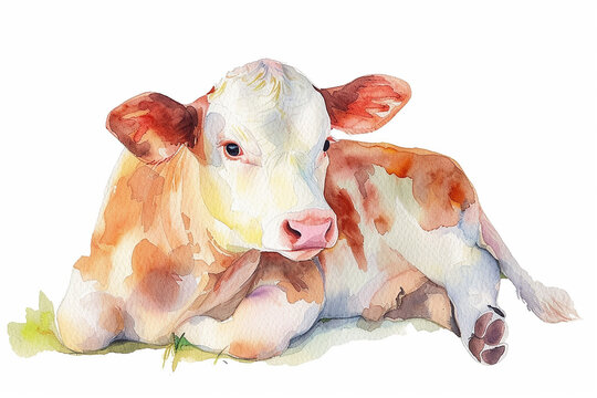 Watercolor vector baby cow on isolated white background