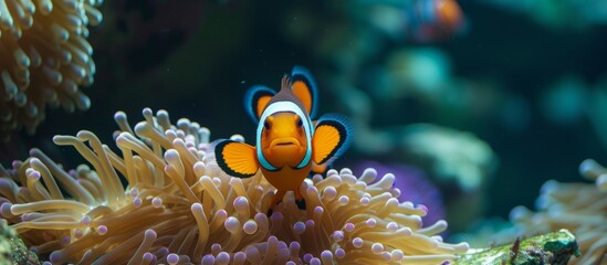 Colorful anemone clownfish swimming in vibrant anemone coral reef environment - obrazy, fototapety, plakaty