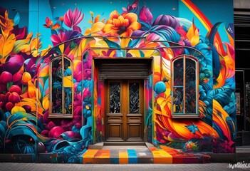 Fototapeta premium illustration, vibrant urban art exploration street corners, discover, graffiti, murals, city, walls, colorful, culture, creativity, expression, contemporary