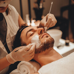 Man at cosmetologist doing facial treatment in salon