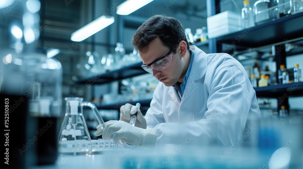 Poster an engineer is conducting experiments in a science lab, wearing a lab coat. aig41