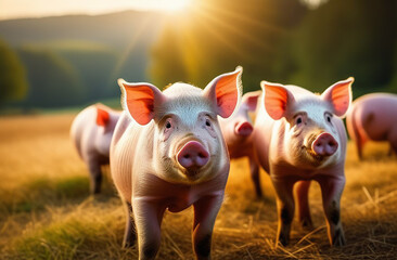 Pigs graze in a meadow on a farm
