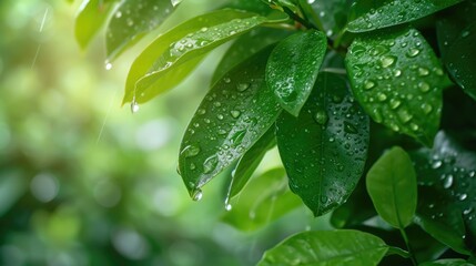 A captivating scene unfolds as the soursop leaves, adorned with glistening droplets, exude a sense of natural purity and freshness on a damp morning. - obrazy, fototapety, plakaty