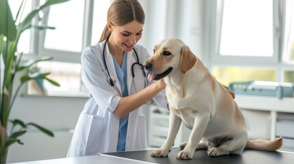 A dedicated female vet, her hands expertly examining a golden retriever, in her tranquil office.