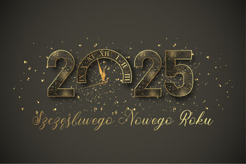 Kartka lub opaska na głowę z życzeniami szczęśliwego nowego roku 2025 w kolorze szarym i złotym 0 zastępuje zegar na szarym tle ze złotym brokatem - obrazy, fototapety, plakaty