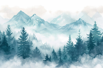 Winter background vector. Hand painted watercolor drawing for pine and mountain landscapes. Background design for invitation, cards, social post, ad, cover, sale banner and invitation. - obrazy, fototapety, plakaty