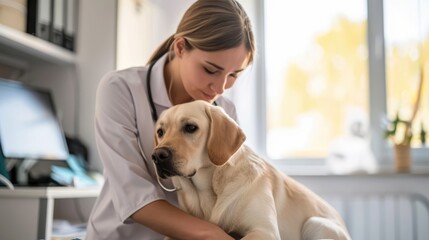 A lady vet, her face radiating determination and care, is photographed in the midst of examining a golden retriever.