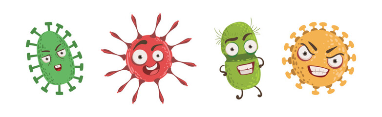 Bacteria and Microbe Cute Germs with Faces Vector Set