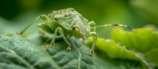 Close-up of a vibrant green grasshopper perching on a fresh green leaf in nature
