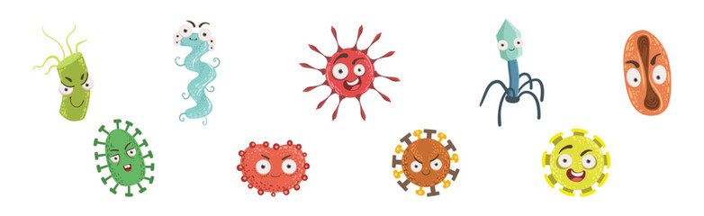 Fototapeta premium Bacteria and Microbe Cute Germs with Faces Vector Set