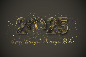 Kartka lub opaska na głowę z życzeniami szczęśliwego nowego roku 2025 w kolorze szarym i złotym 0 zastępuje zegar na szarym tle ze złotym brokatem
